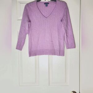 Griffin L Lavender Cable Knit 3/4 Sleeves V-neck 100% CASHMERE Women’s Sweater